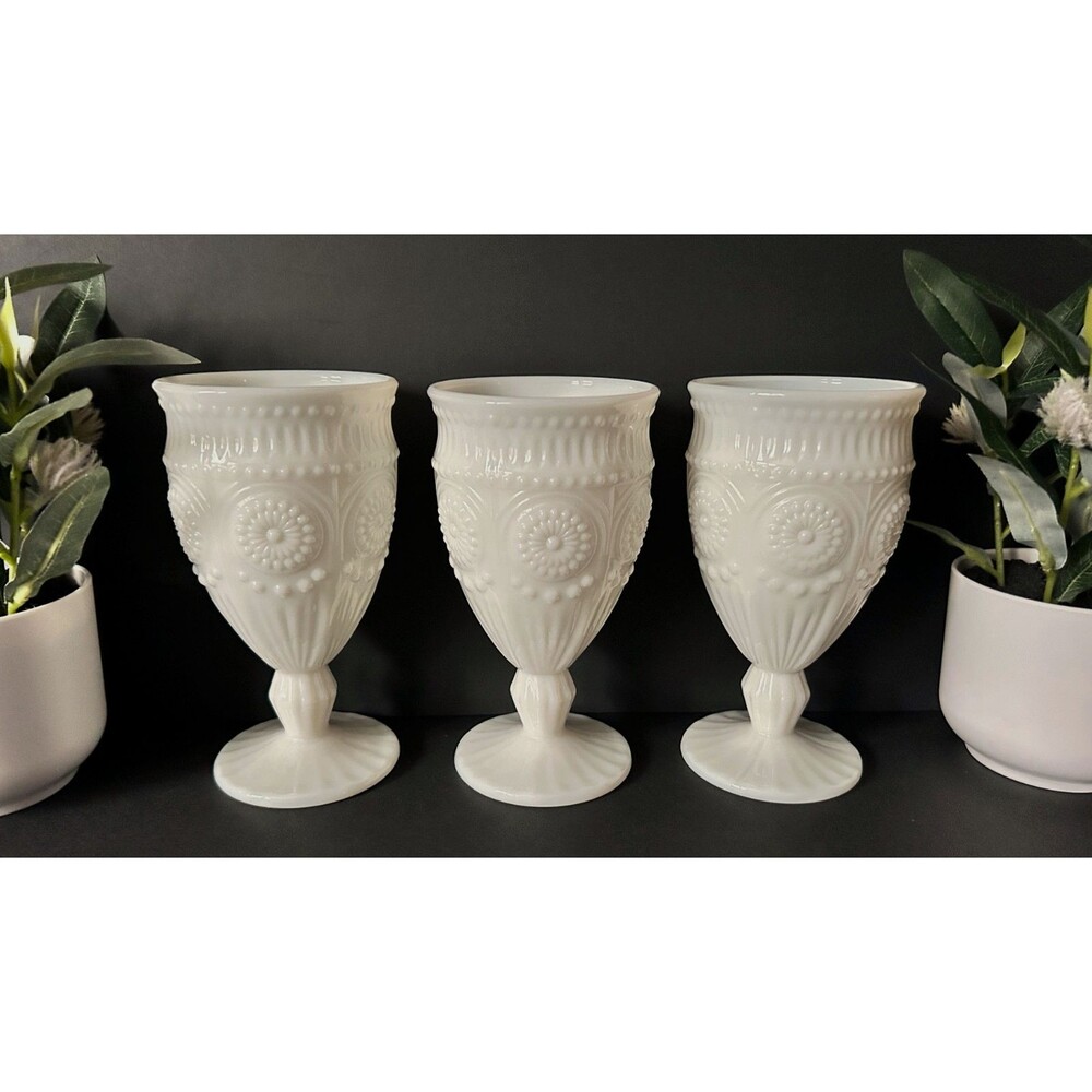 PIONEER WONAN Adeline Snow Milk Glass Footed Goblets Embossed Set Of 3 BN